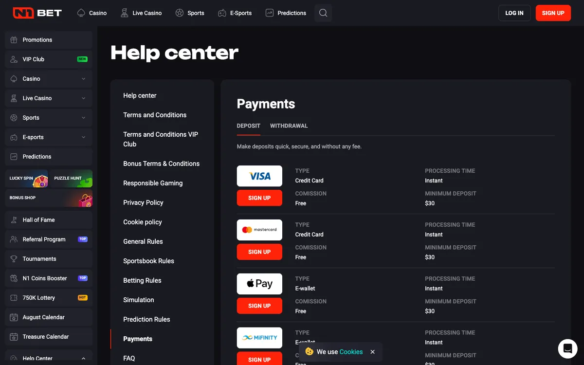 N1Bet Casino — Payments, captured from Australia