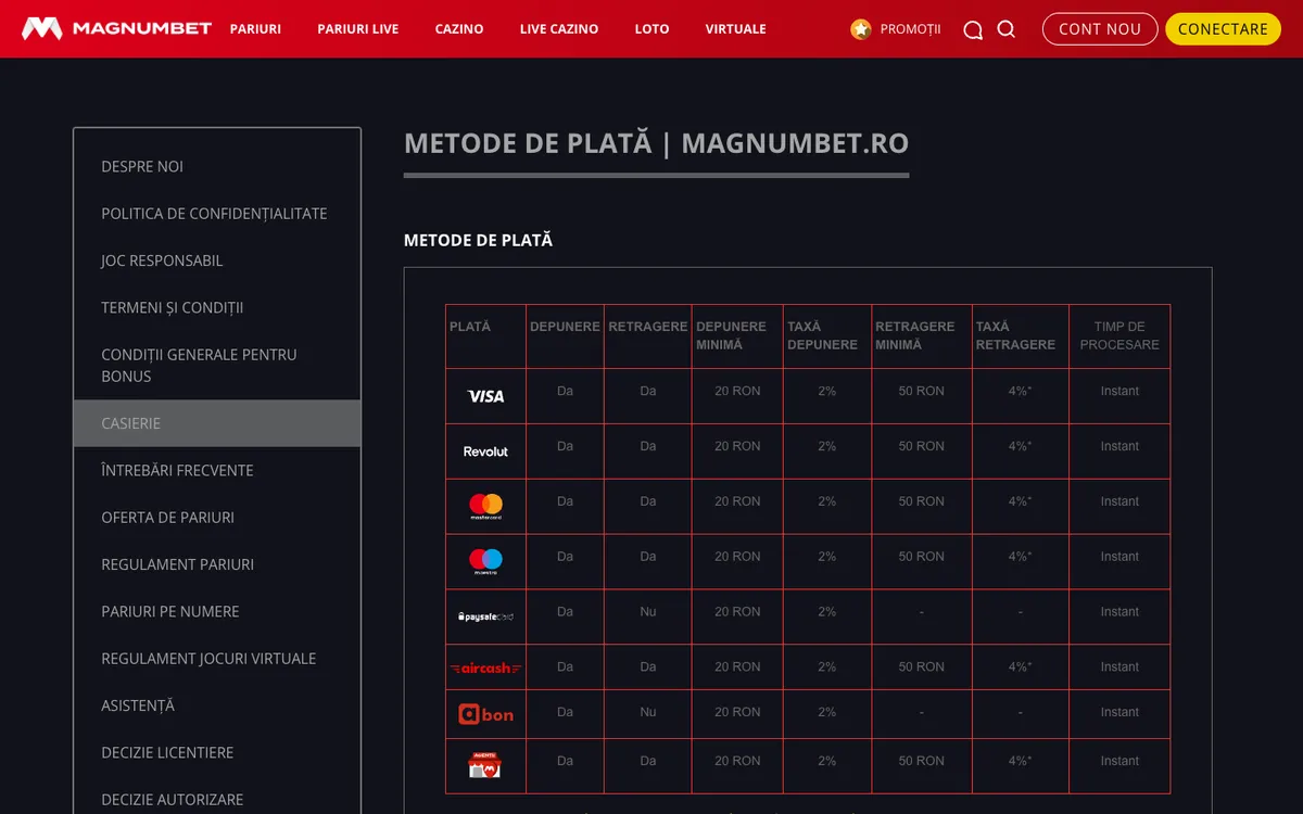 Magnumbet Casino — Payments, captured from Romania