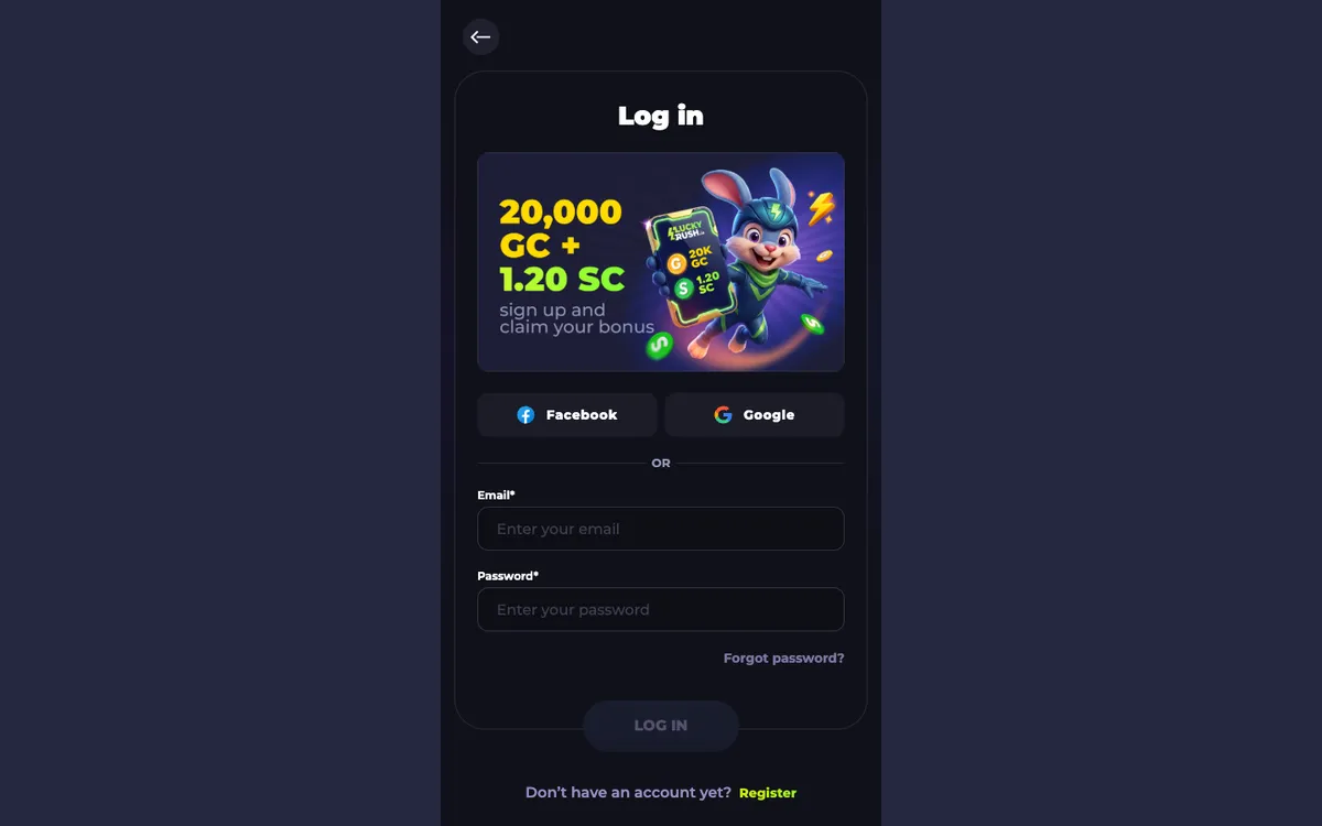 LuckyRush Casino — Sign-up, captured from United States