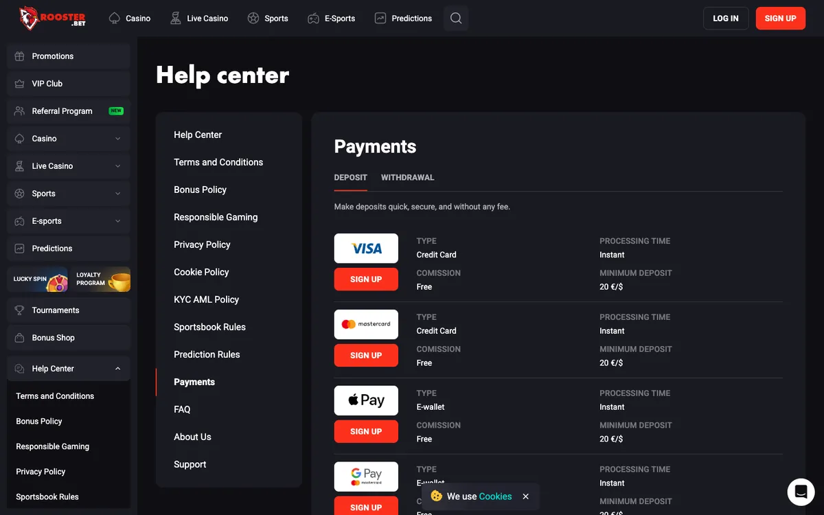 Rooster Bet Casino — Payments, captured from South Africa