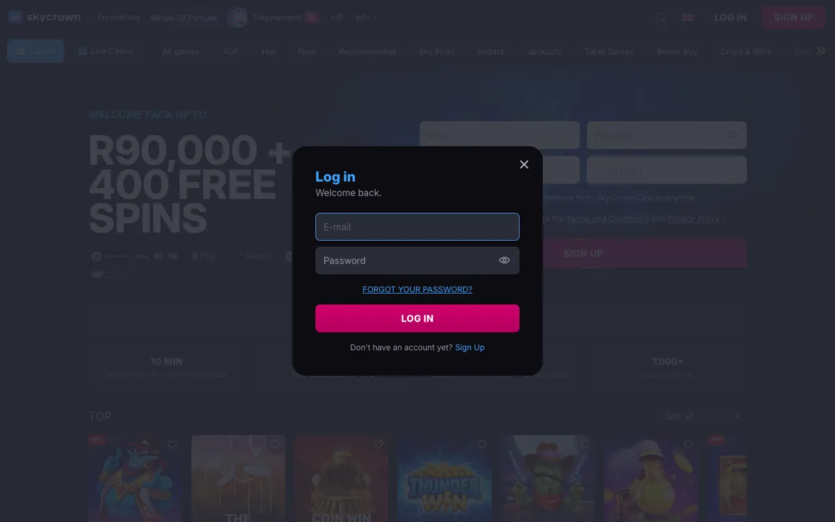 Skycrown Casino — Sign-up, captured from South Africa