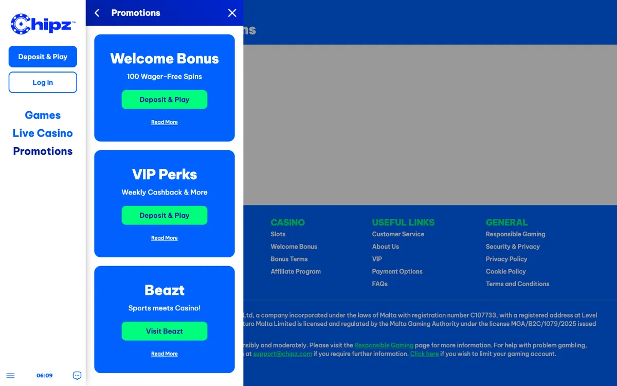 Chipz Casino — Promotions, captured from Austria