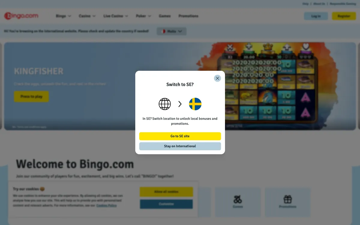 Bingo.com Casino — Home page, captured from Sweden