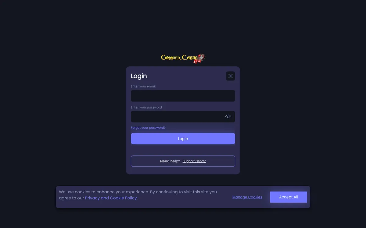 Conquer Casino — «Регистрация», снято из страны Австрия