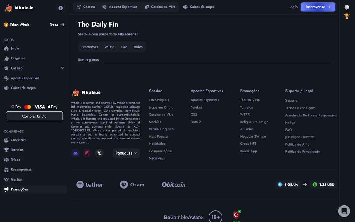 Whale Casino — Promotions, captured from Brazil