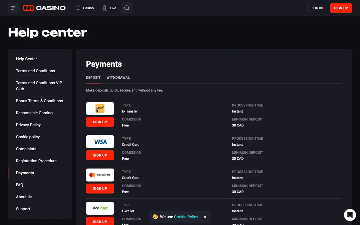 N1 Casino — Payments, captured from Canada