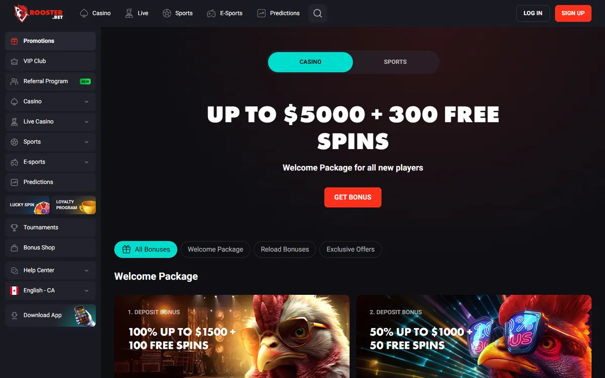 Rooster Bet Casino — Promotions, captured from Canada