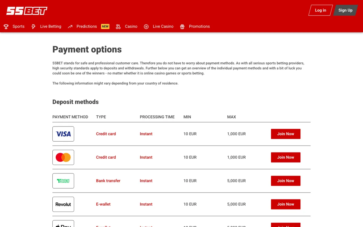 55BET Casino — Payments, captured from Austria