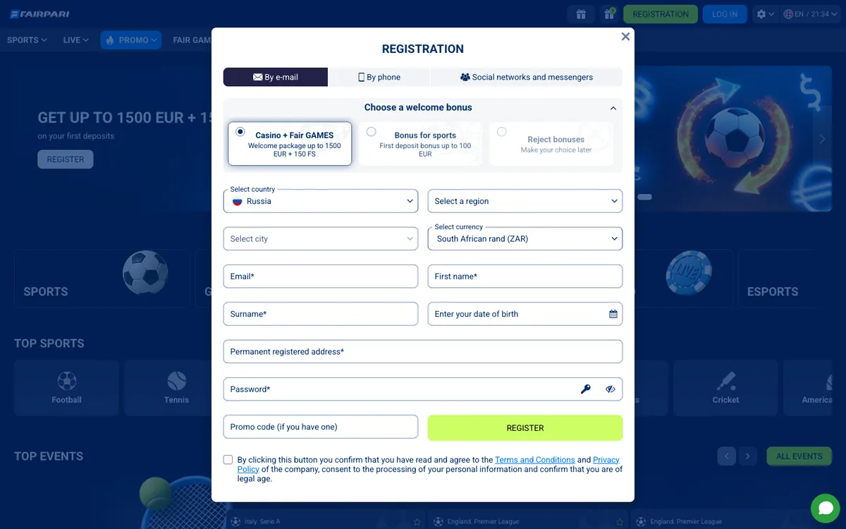FairPari Casino — Home page, captured from South Africa