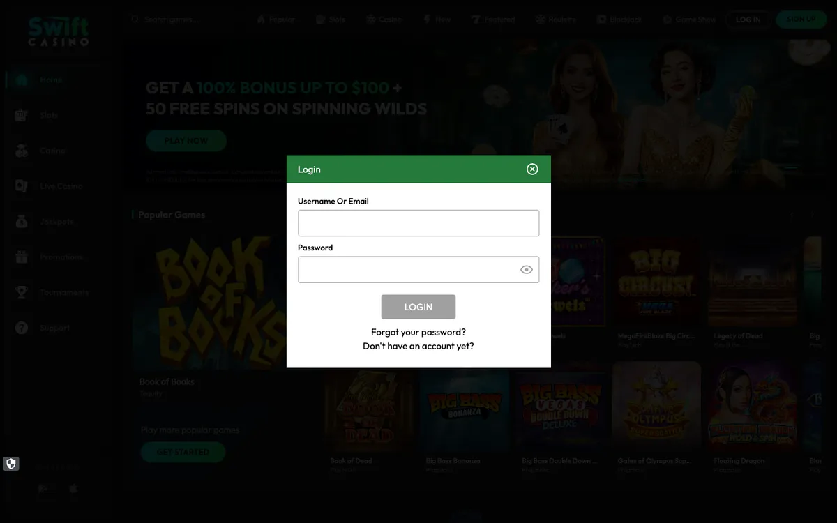 Swift Casino — Sign-up, captured from Canada