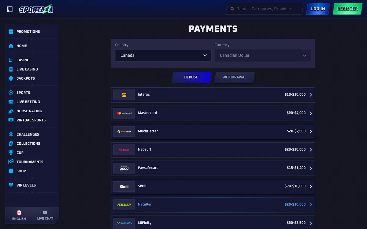 Sportaza Casino — Payments, captured from Canada