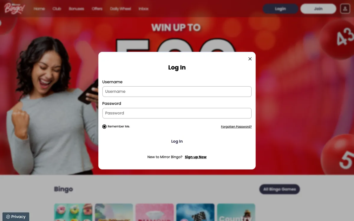 Mirror Bingo Casino — Sign-up, captured from United Kingdom
