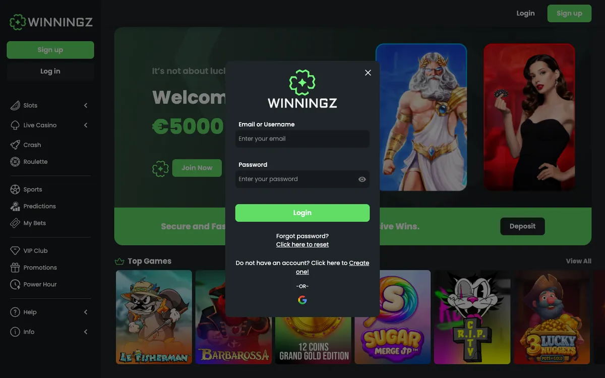 Winningz Casino — «Регистрация», снято из страны Бельгия