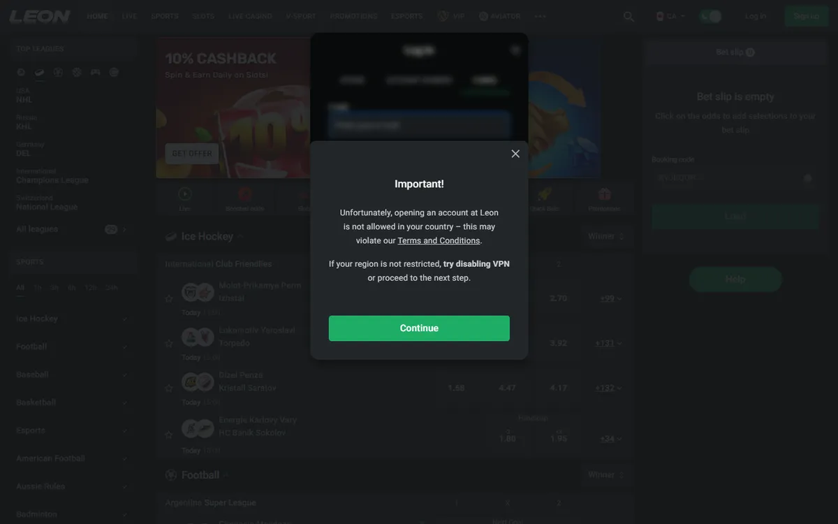 Leon Bet Casino — «Регистрация», снято из страны Канада