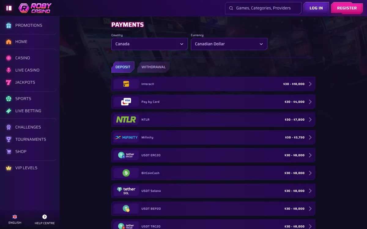 Roby Casino — «Платежи», снято из страны Канада