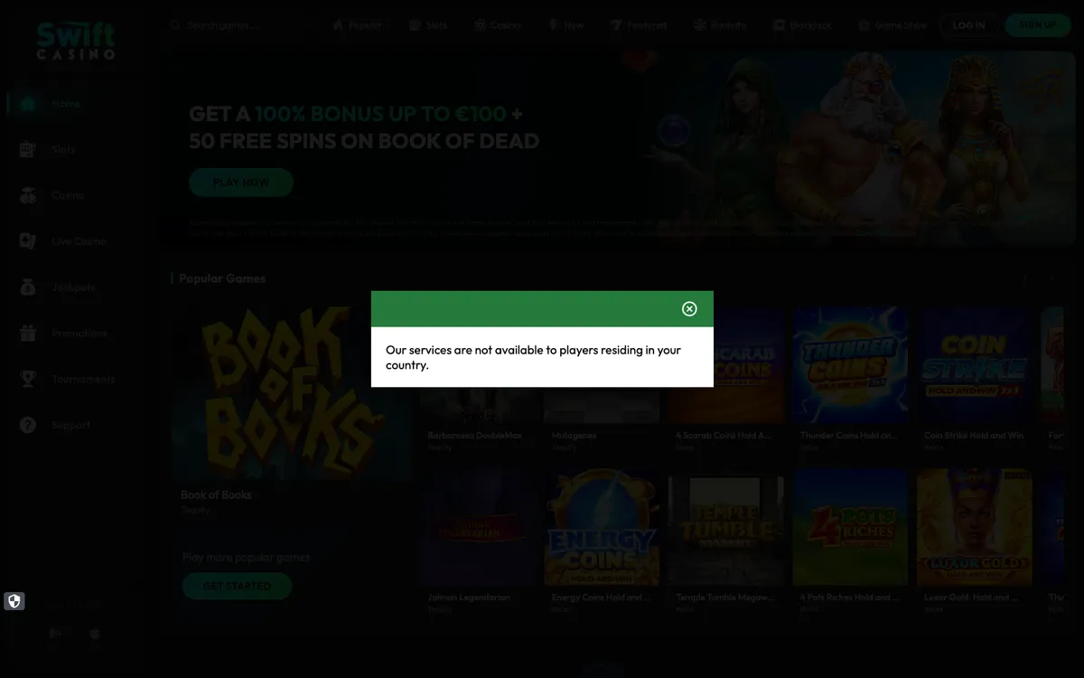 Swift Casino — Sign-up, captured from Australia