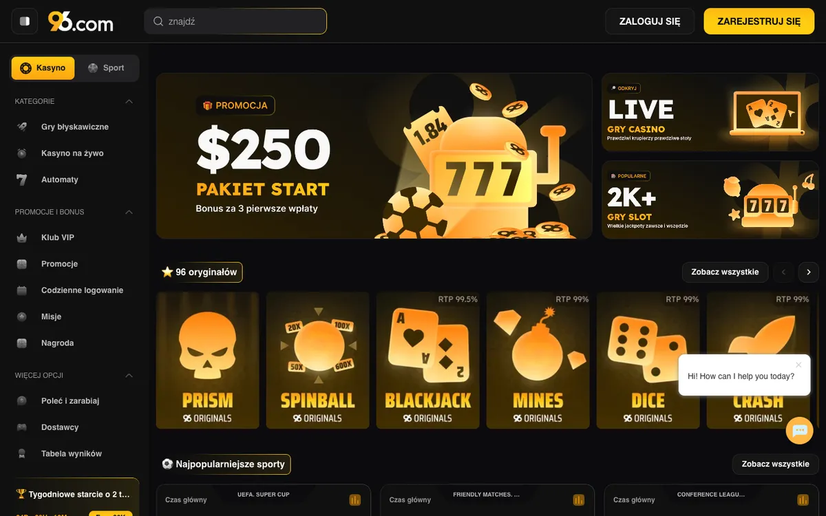96 Casino — Home page, captured from Poland