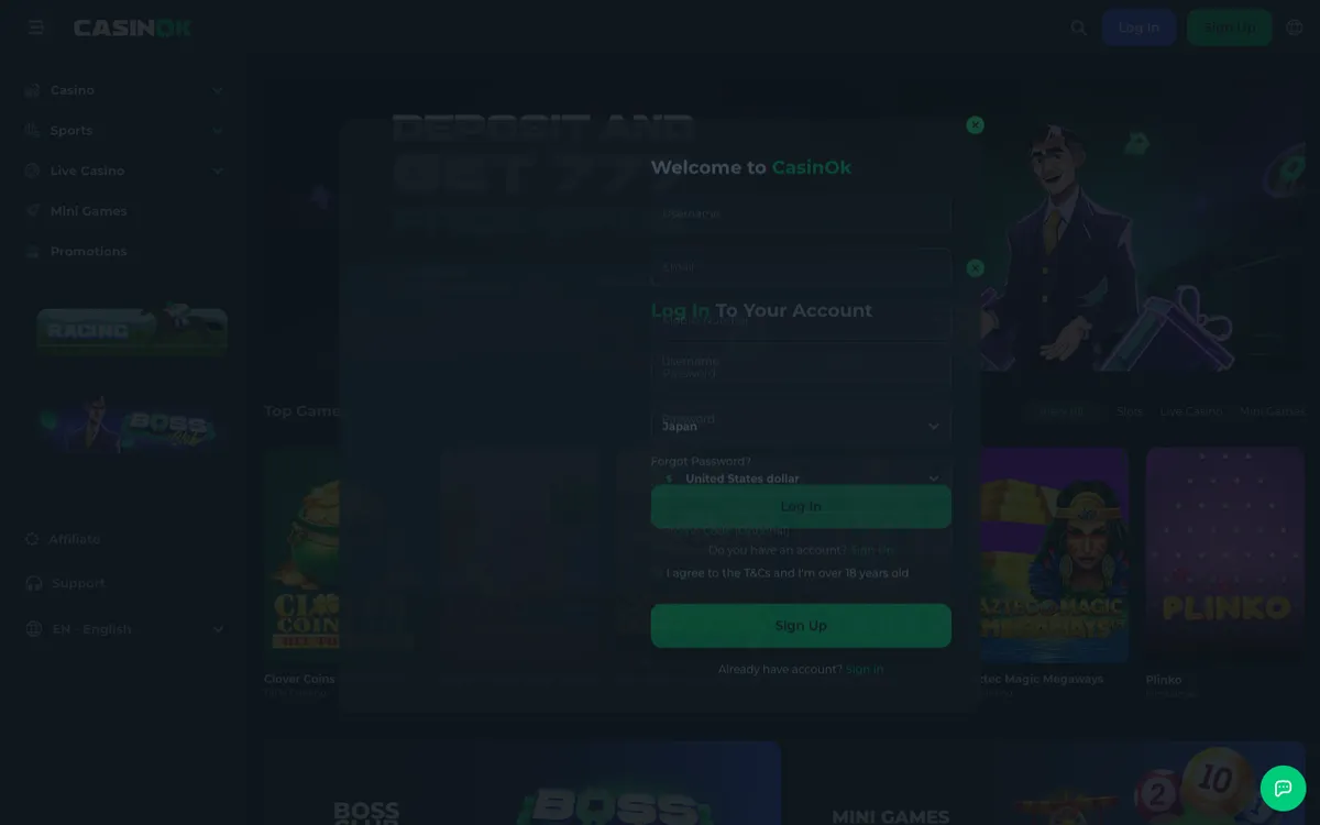 CasinOK — Sign-up, captured from Japan