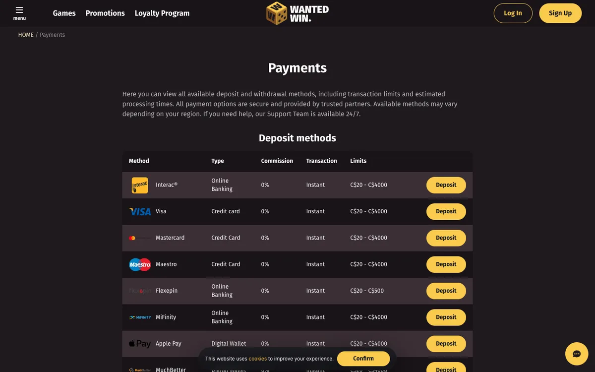 Wanted Win Casino — «Платежи», снято из страны Канада