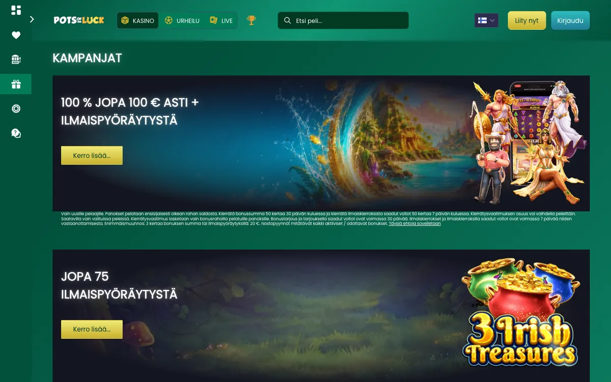 Pots of Luck Casino — «Акции», снято из страны Финляндия