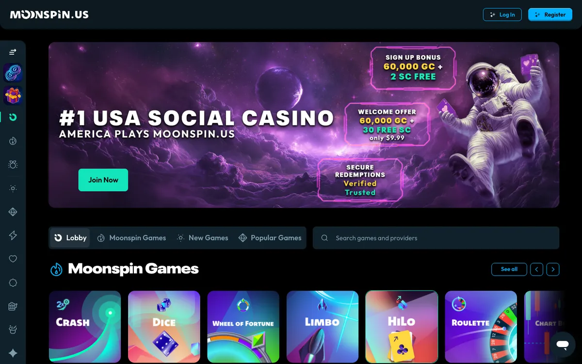 Moonspin Casino — Home page, captured from United States