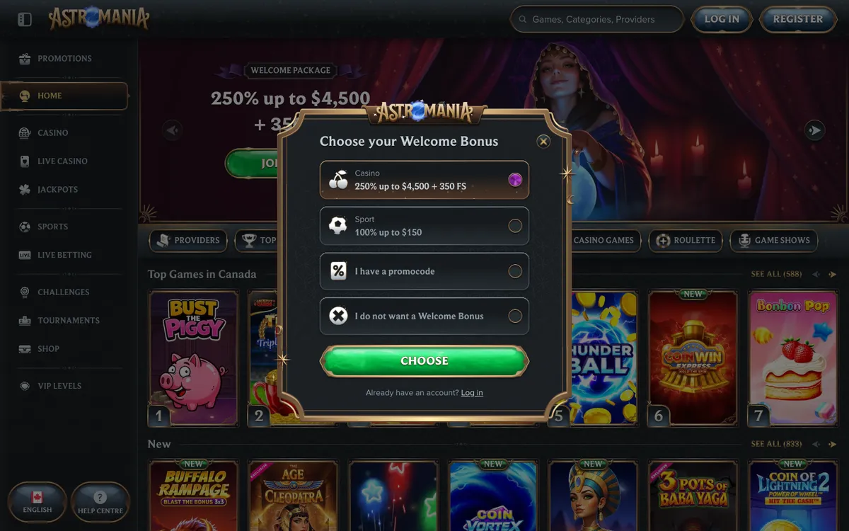 AstroMania Casino — Sign-up, captured from Canada