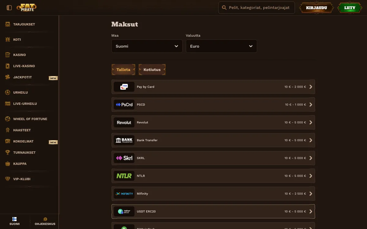 FatPirate Casino — Payments, captured from Finland