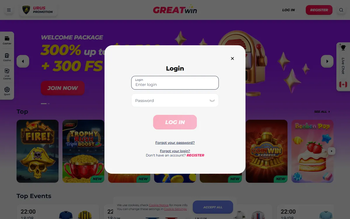 GreatWin Casino — «Регистрация», снято из страны Канада