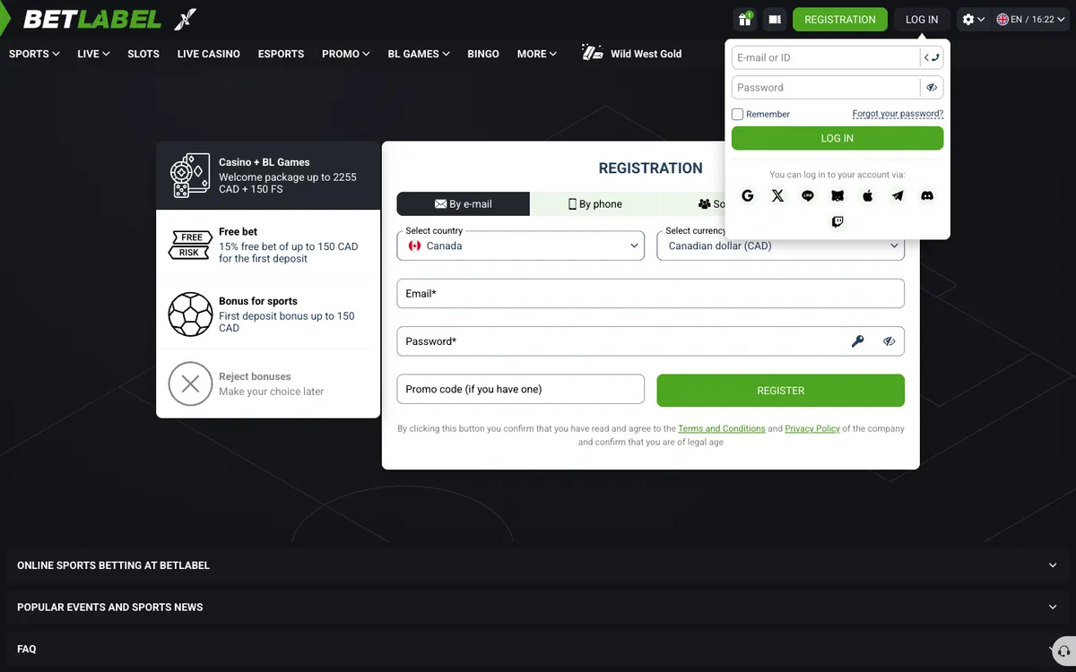 BetLabel Casino — Sign-up, captured from Canada