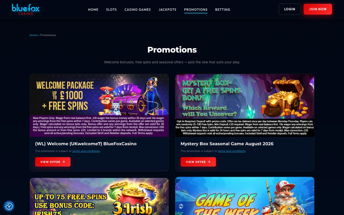Bluefox Casino — «Акции», снято из страны Великобритания
