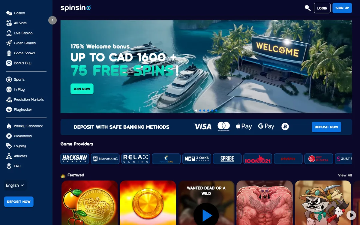Spinsino Casino — Home page, captured from Canada