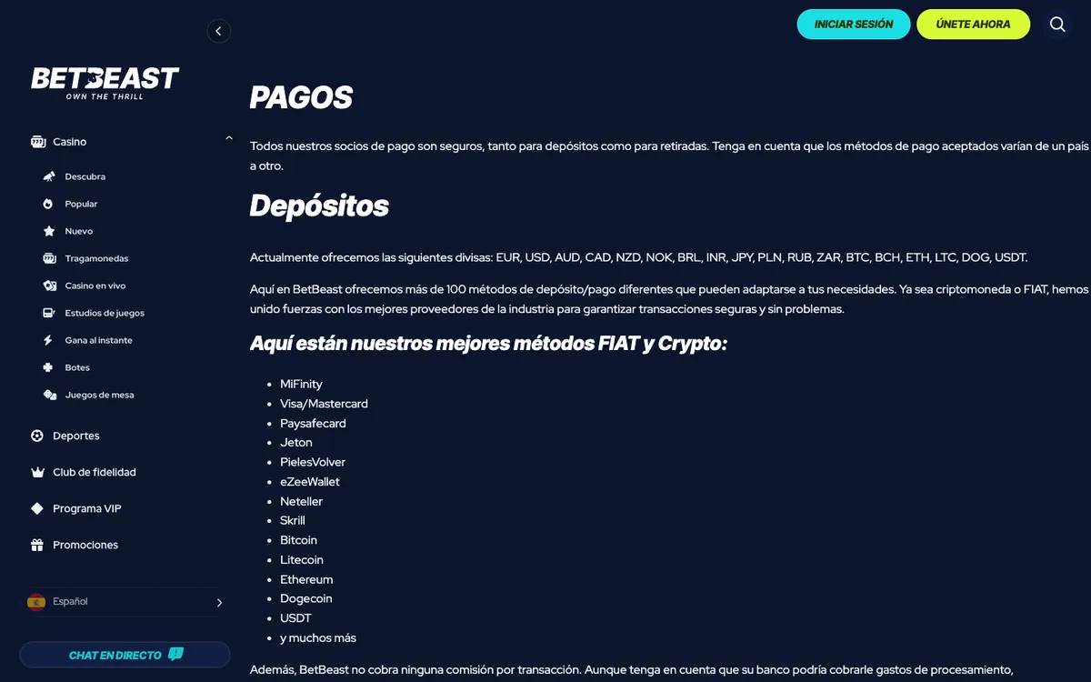 BetBeast Casino — Payments, captured from Spain