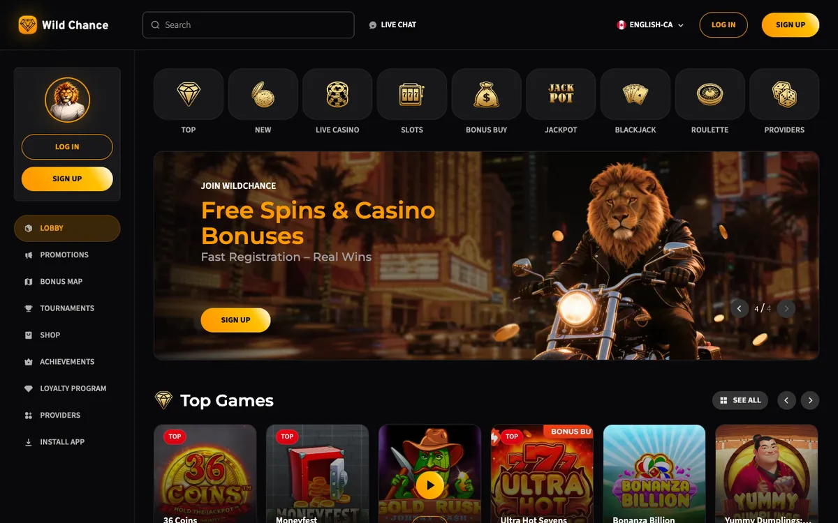 Wild Chance Casino — Home page, captured from Canada