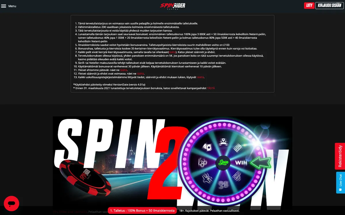 SpinRider Casino — Promotions, captured from Finland