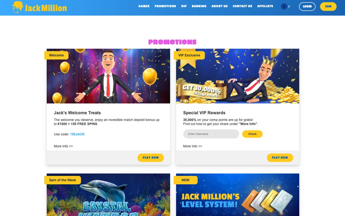 JackMillion Casino — Promotions, captured from South Africa