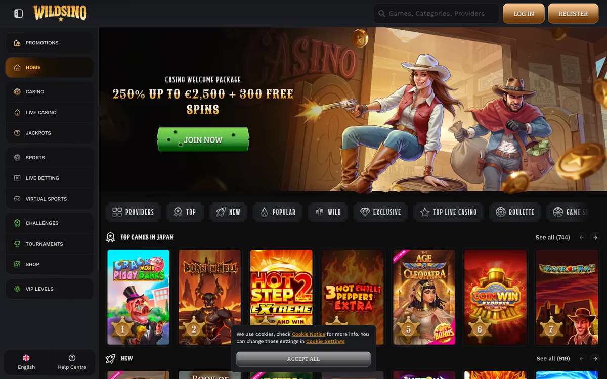 Wildsino Casino — Home page, captured from Japan