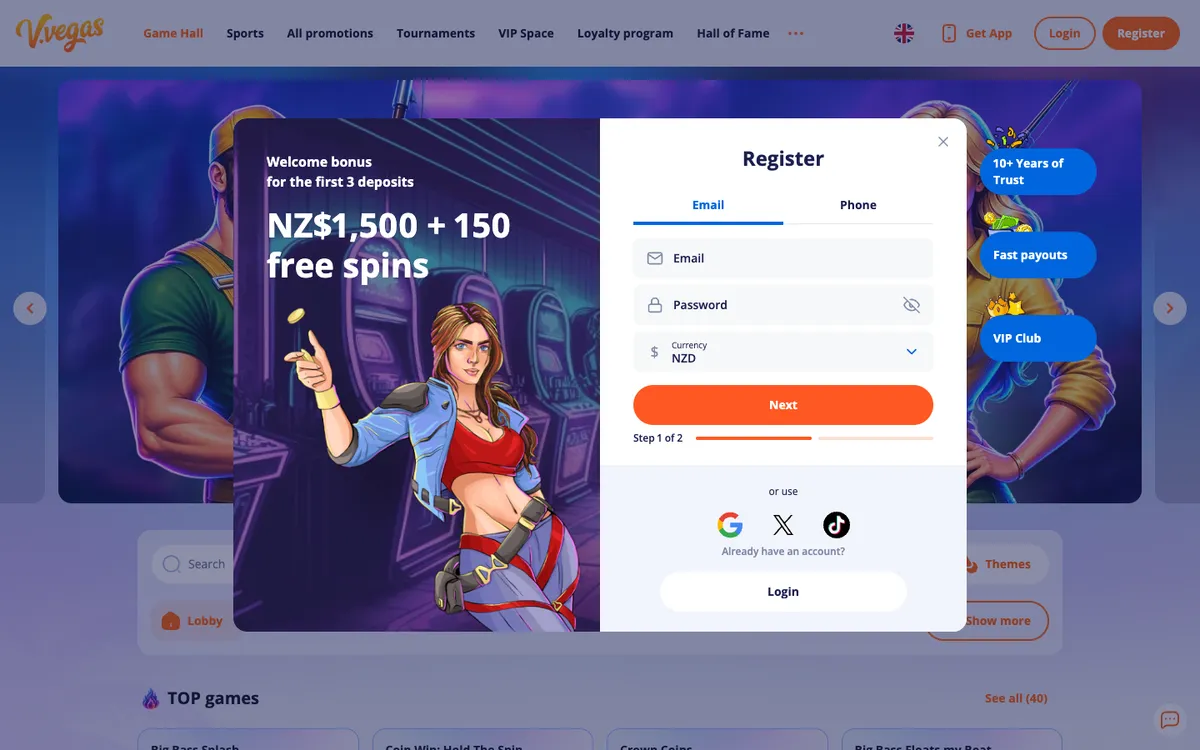 V.Vegas Casino — «Регистрация», снято из страны Новая Зеландия