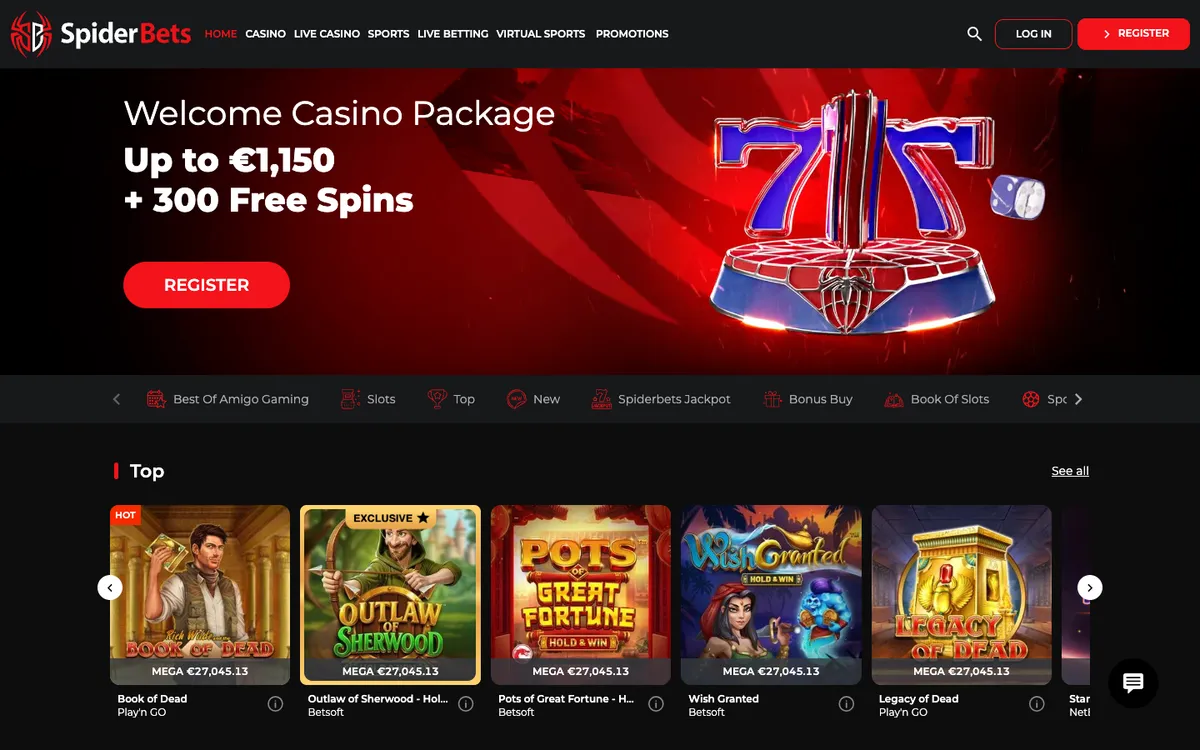 SpiderBets Casino — «Главная», снято из страны Франция