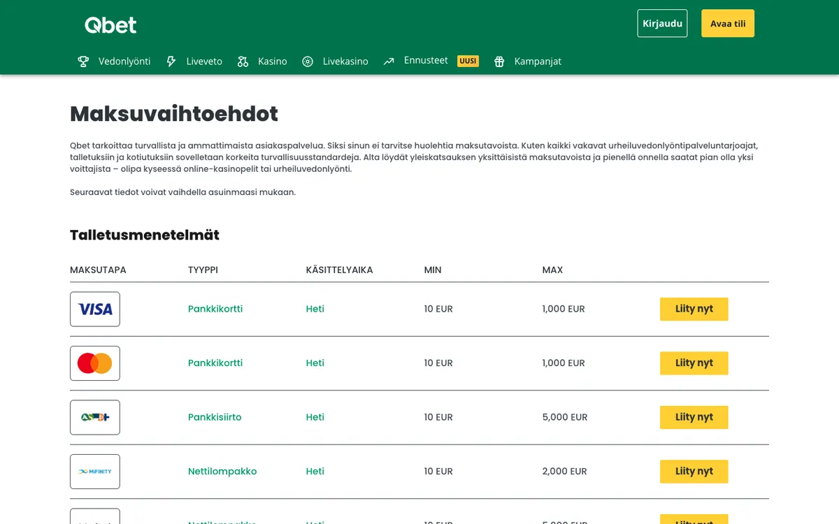 Qbet Casino — Payments, captured from Finland