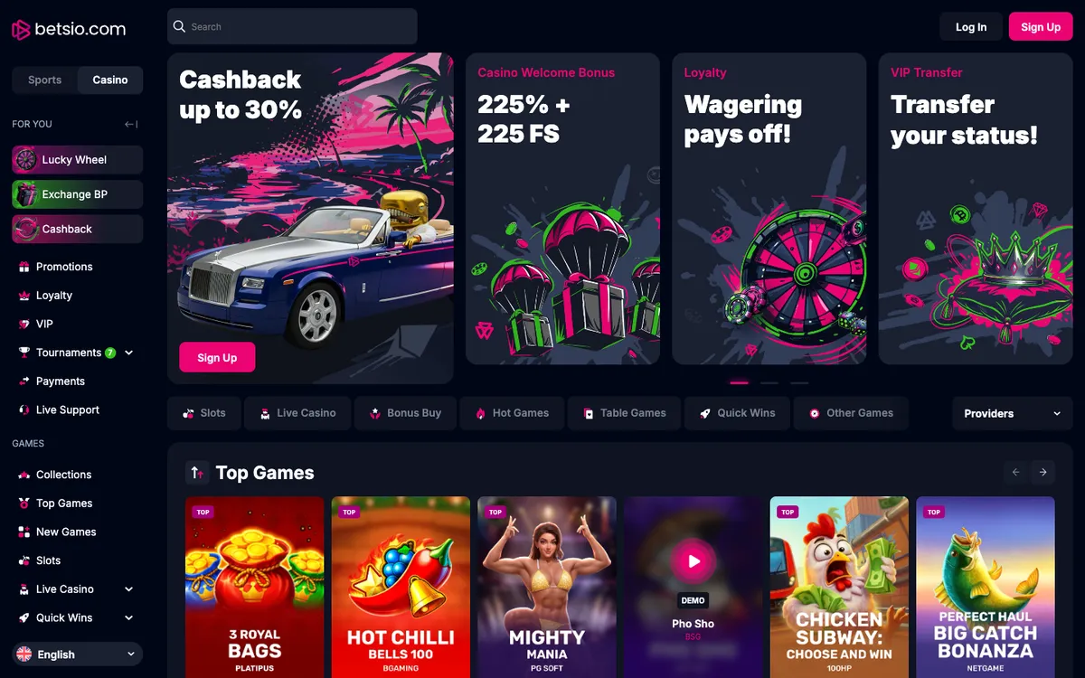 Betsio Casino — Home page, captured from South Africa