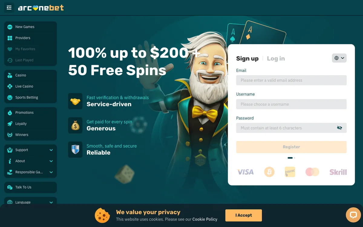 arcanebet Casino — «Регистрация», снято из страны Колумбия