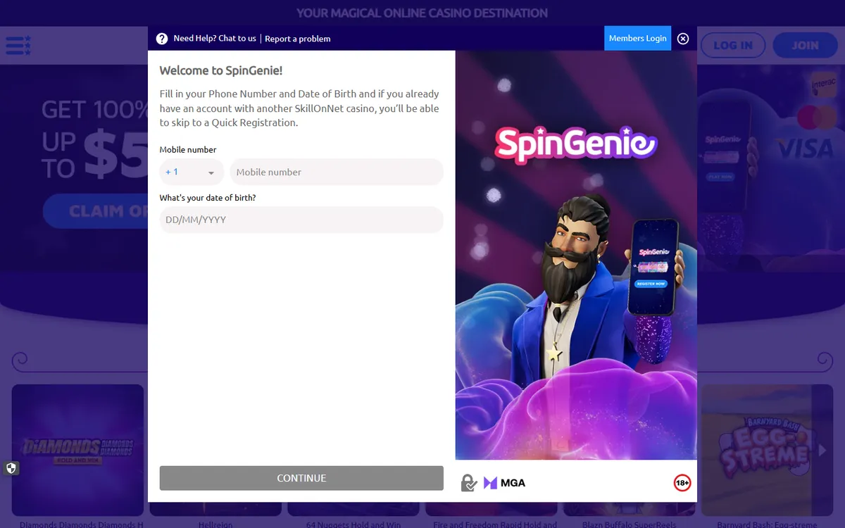 Spin Genie Casino — Sign-up, captured from Canada