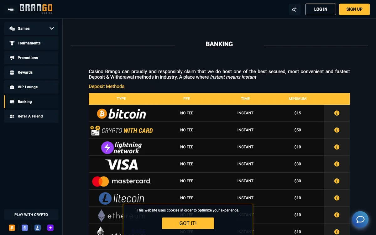 Brango Casino — Payments, captured from Austria