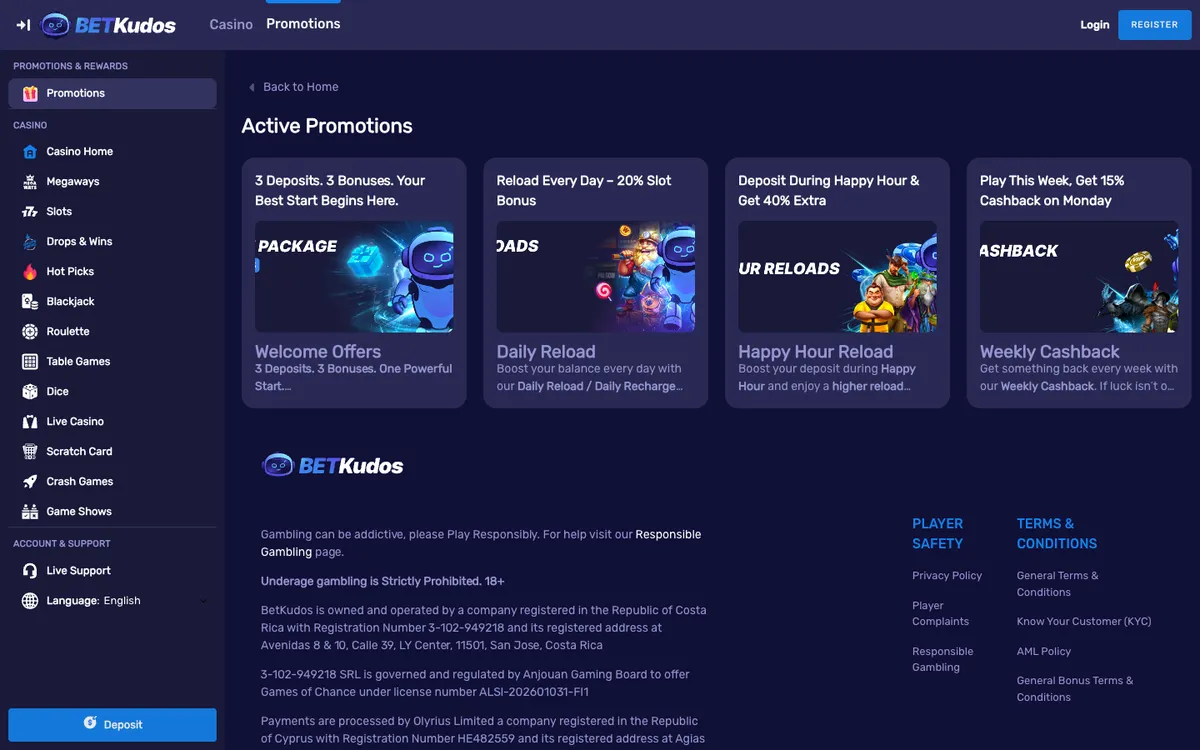 BetKudos Casino — Promotions, captured from Indonesia