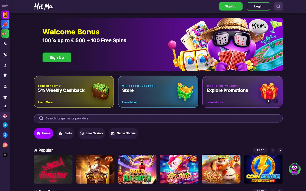 Hit Me Casino — Home page, captured from Portugal