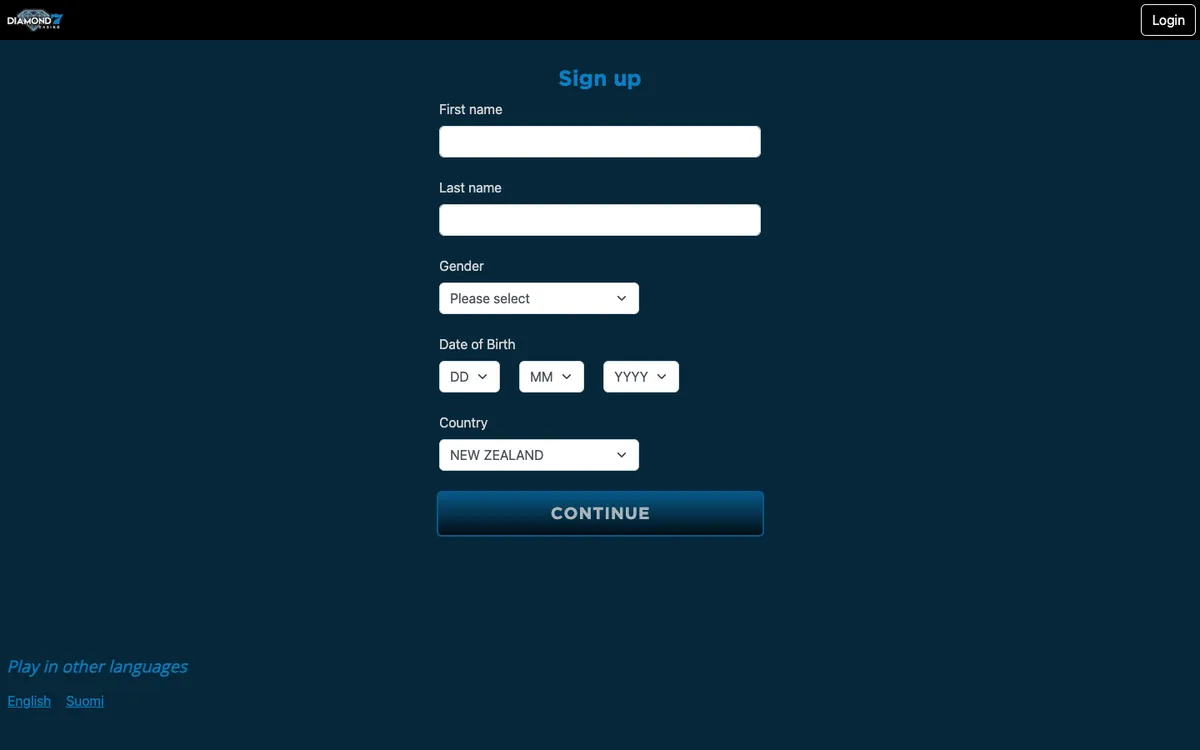 Diamond 7 Casino — Sign-up, captured from New Zealand