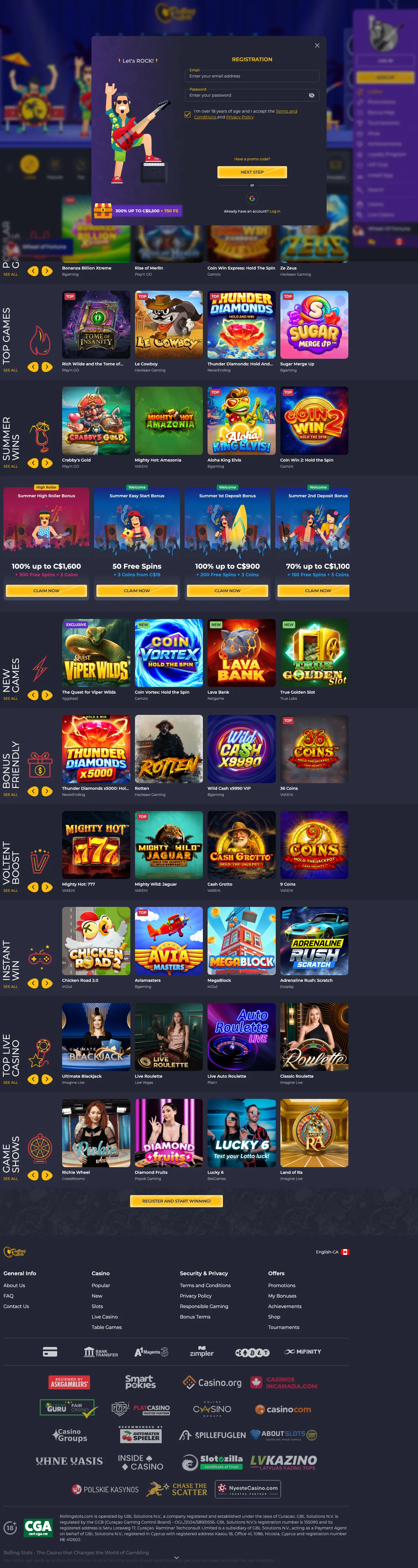 Rolling Slots Casino — «Главная», снято из страны Канада