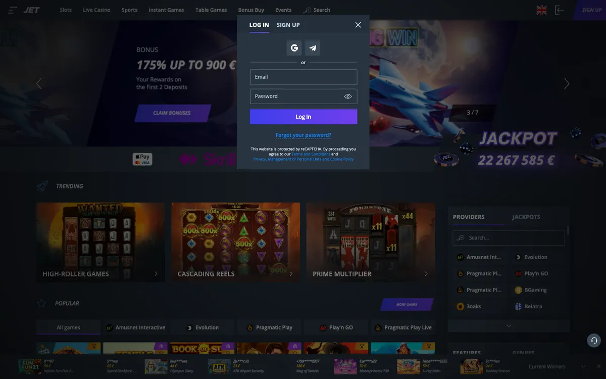 Jet Casino — «Регистрация», снято из страны Финляндия