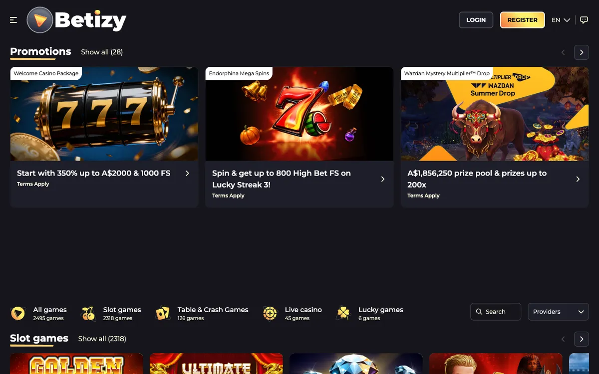 Betizy Casino — Home page, captured from Australia