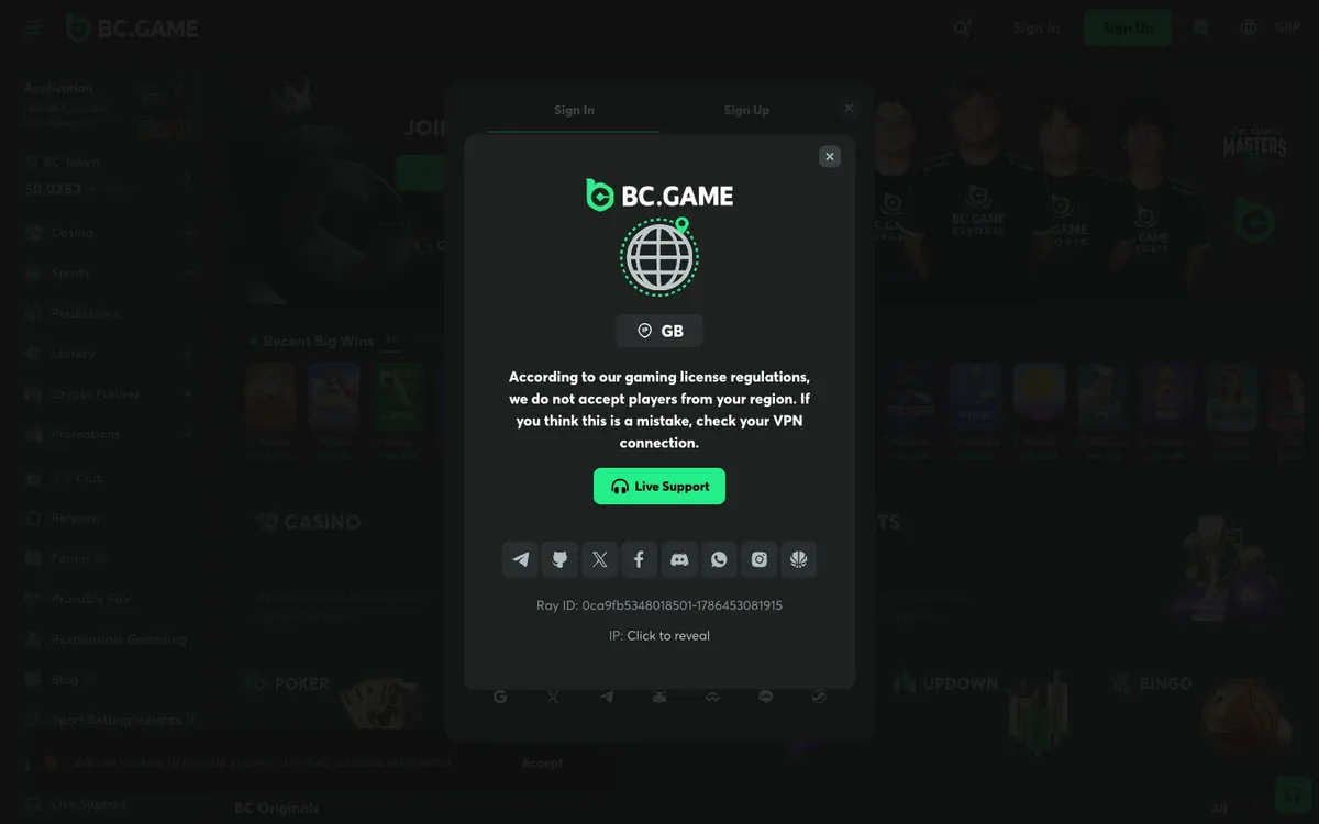 BC.Game Casino — «Регистрация», снято из страны Великобритания